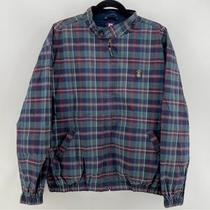 Vintage Chaps Ralph Lauren Mens Jacket Navy Green Plaid Zip 100% Cotton L